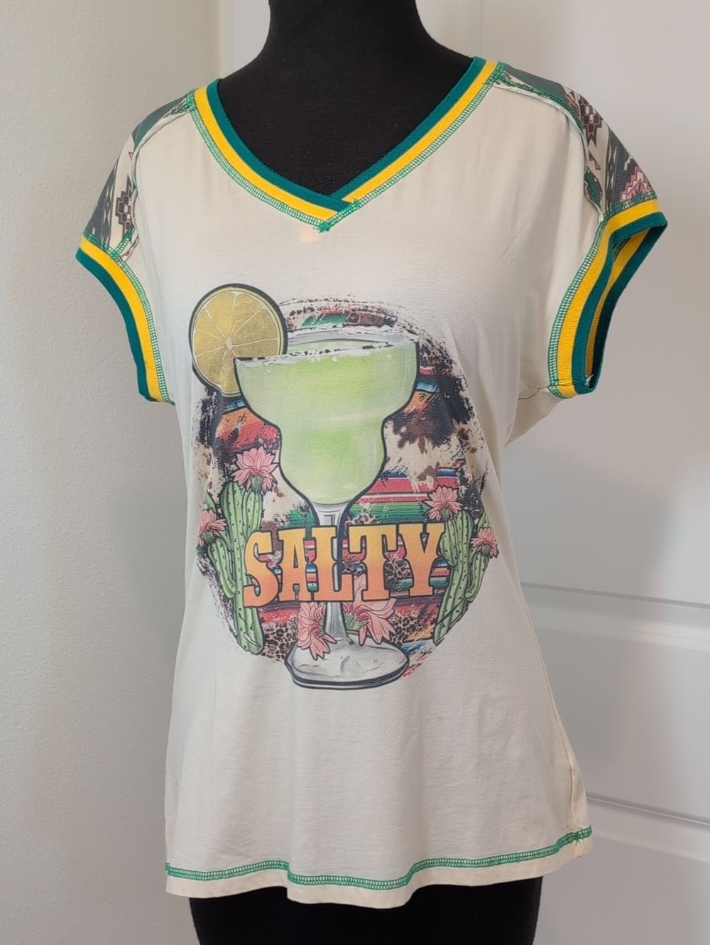 Delila Cream V‑Neck Salty Tee with Green and Yellow Trim